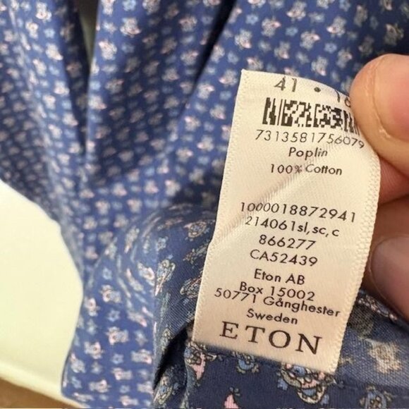 Eton Dress Shirt Mens 16 41 Blue Poplin Slim Fit Micro Paisley Button Front - Picture 4 of 7